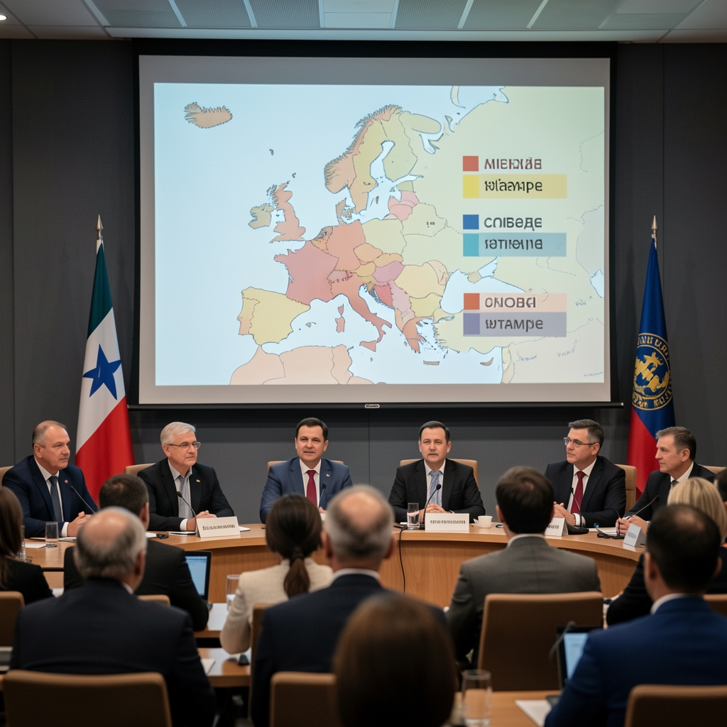 Новинари на конференцији о слободи медија са пројекцијом карте Европе са индексима слободе штампе
